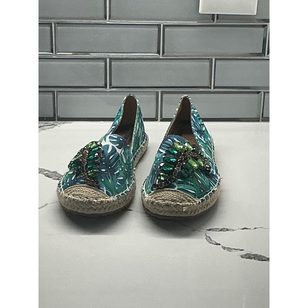 ESPI Flats Espadrille Slides Green Multi Leaf Print Embellished Size 8